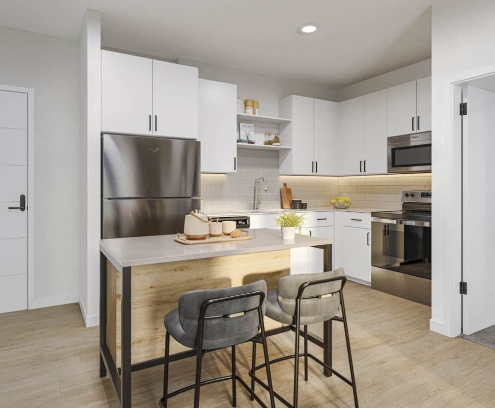 modern kitchen and island with white cabinets and light wood