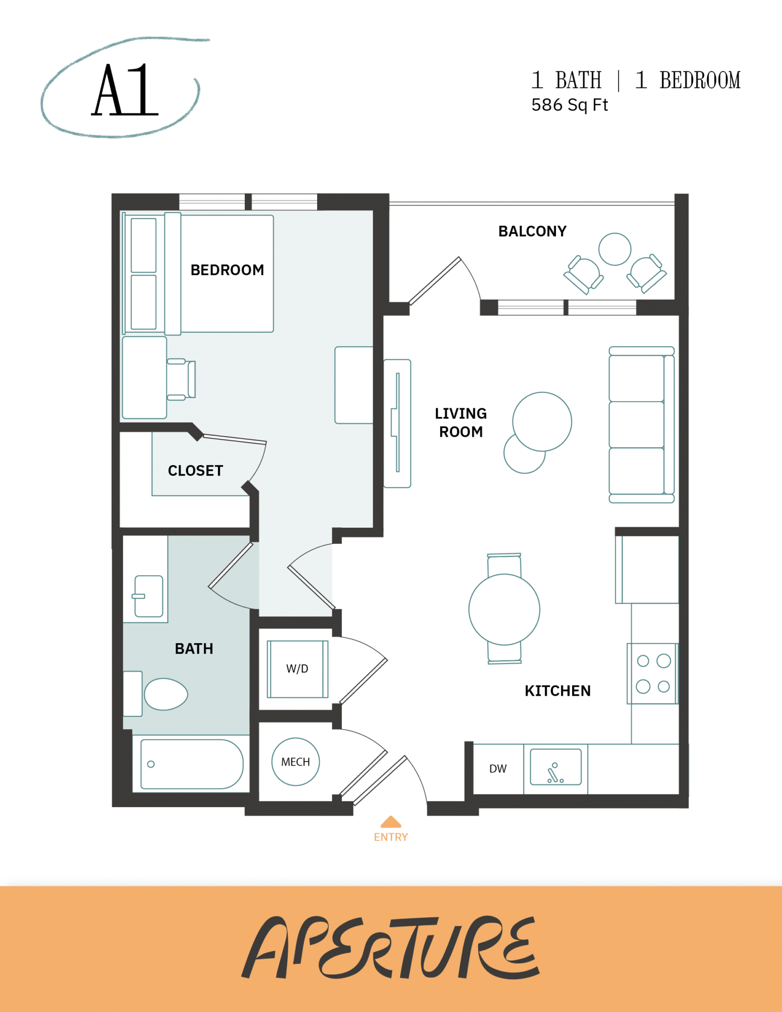 A 3D image of the 1BR/1BA – A1 floorplan, a 586 squarefoot, 1 bed / 1 bath unit