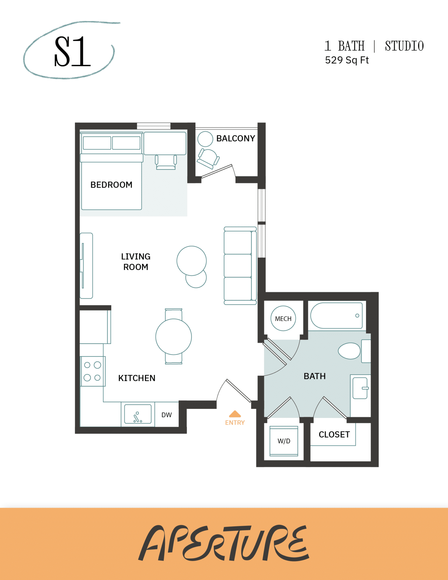 A 3D image of the Studio – S1 floorplan, a 528 squarefoot, 0 bed / 1 bath unit
