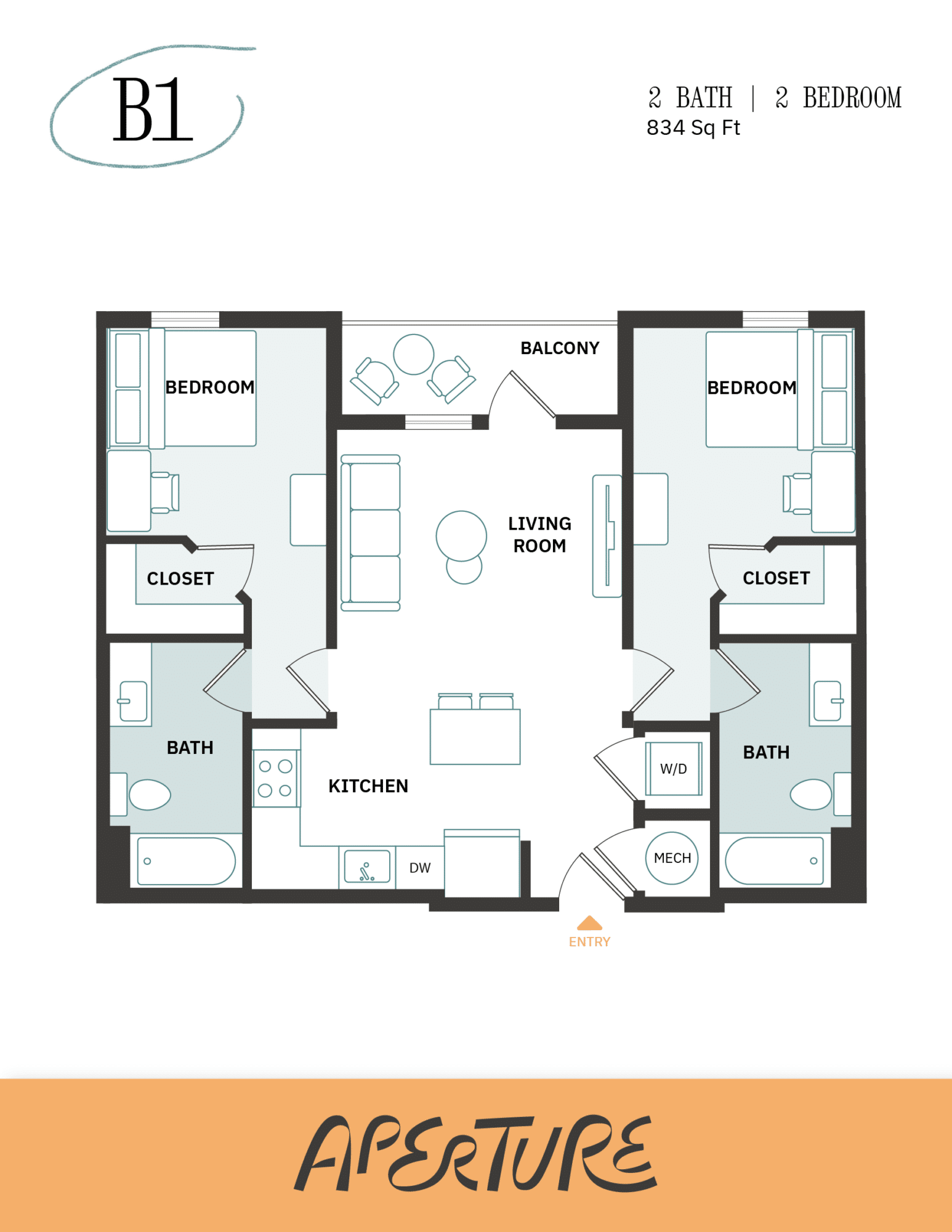 A 3D image of the 2BR/2BA – B1 floorplan, a 834 squarefoot, 2 bed / 2 bath unit