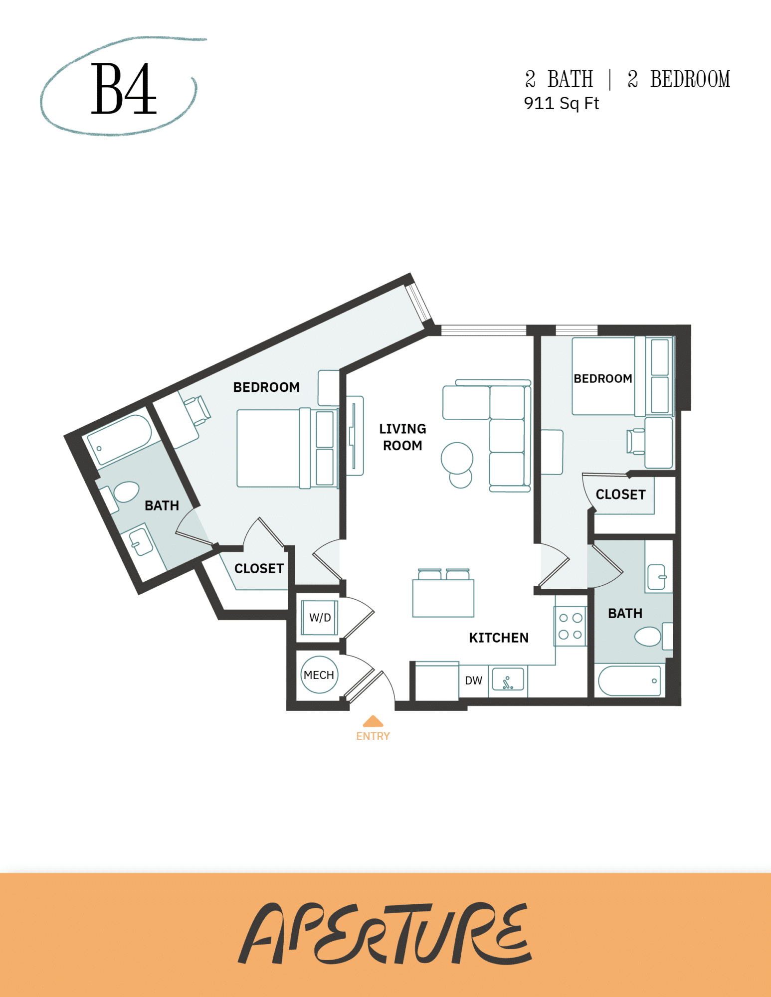 A 3D image of the 2BR/2BA – B4 floorplan, a 911 squarefoot, 2 bed / 2 bath unit