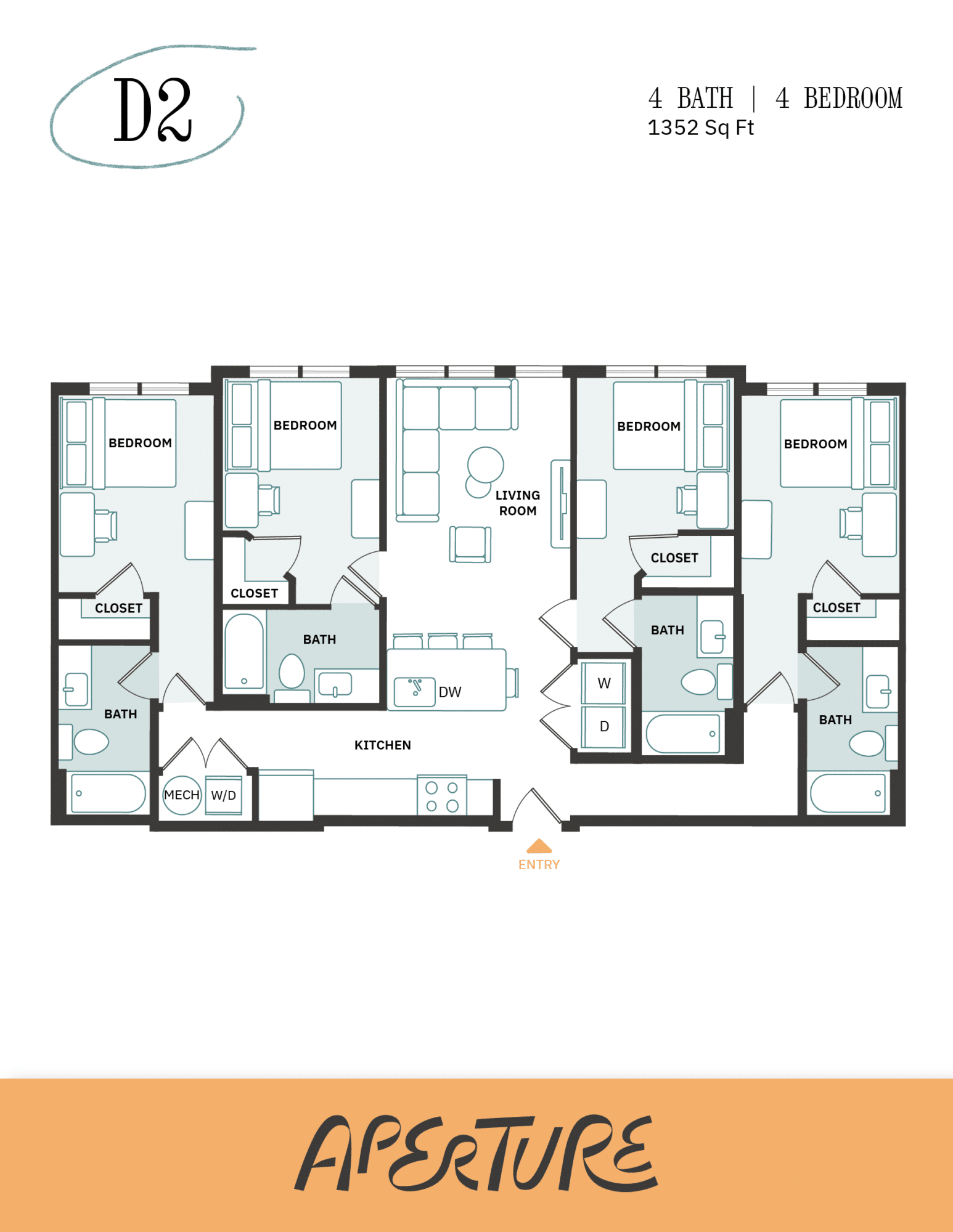 A 3D image of the 4BR/4BA – D2 floorplan, a 1352 squarefoot, 4 bed / 4 bath unit