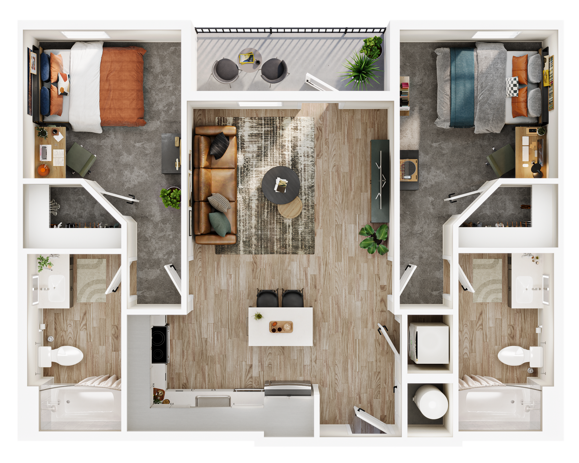 A 3D image of the 2BR/2BA – B1 floorplan, a 834 squarefoot, 2 bed / 2 bath unit