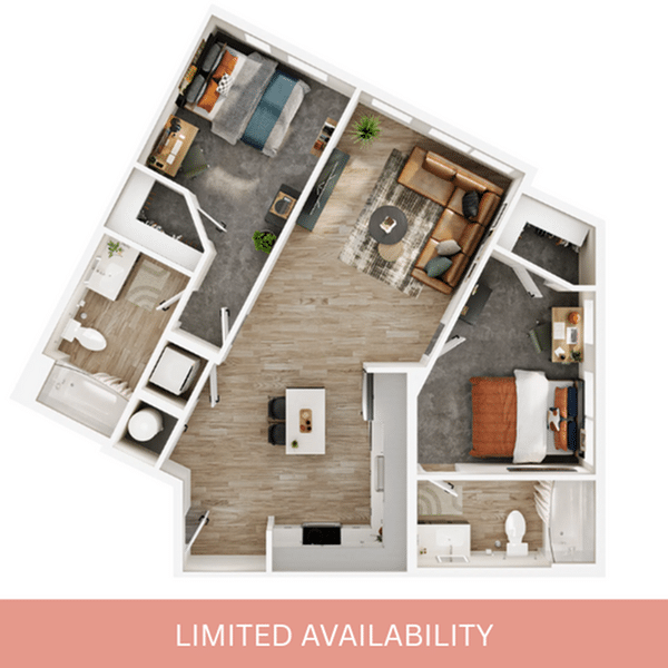 A 3D image of the 2BR/2BA – B3 floorplan, a 893 squarefoot, 2 bed / 2 bath unit